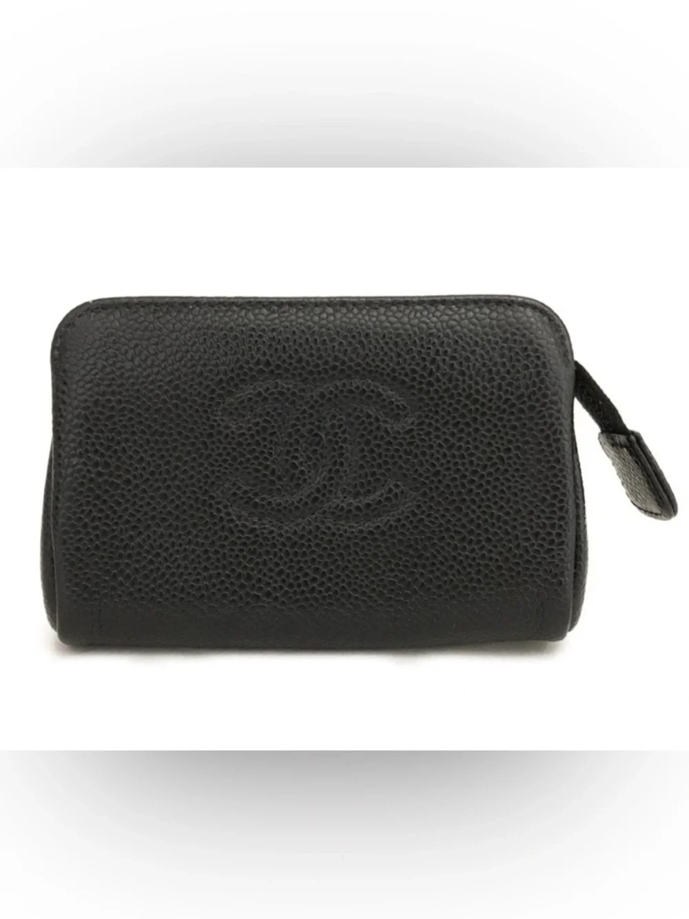 Authentic CHANEL Black Caviar Leather Zip Pouch Cosmetic Card Case
